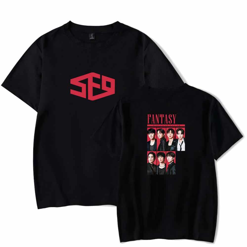 Adidas black graphic t-shirt with bold red logo front and a photo collage of young men with "FANTASY" text on back, perfect for fans and casual wear.