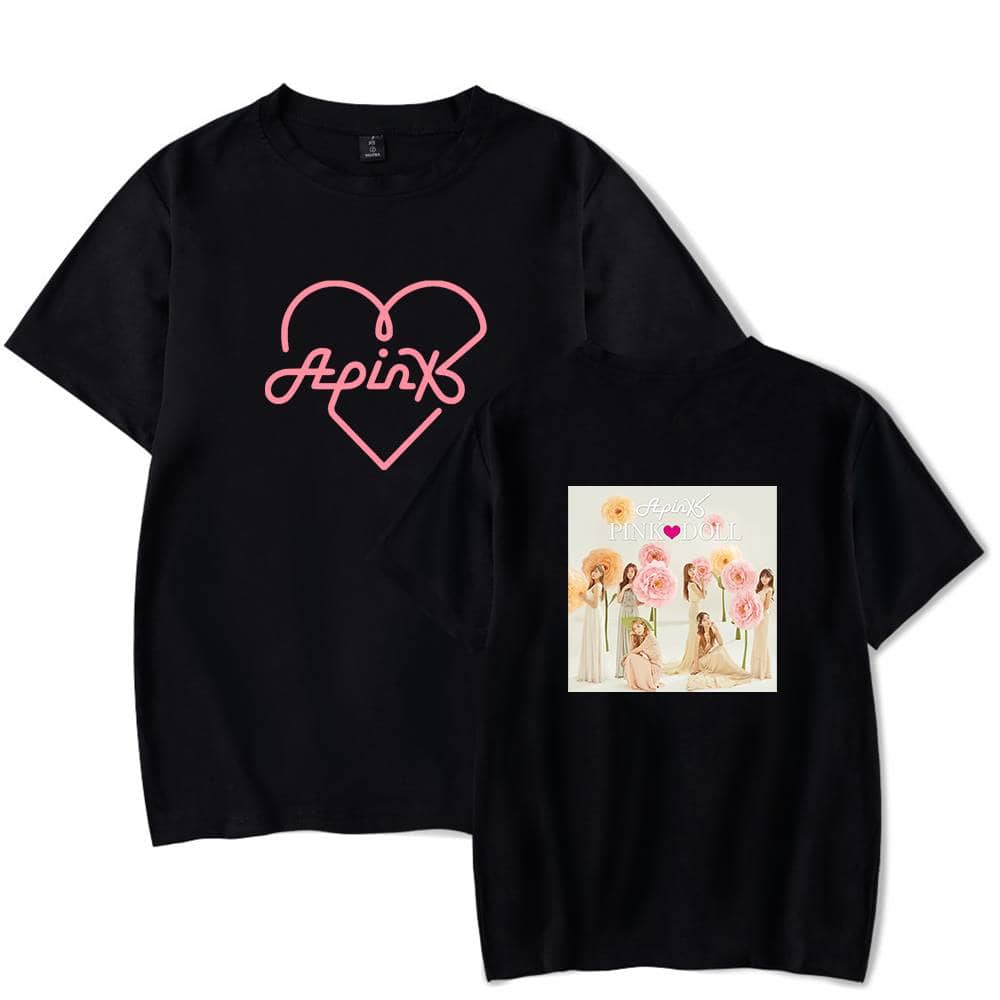 ApinX pink heart graphic T-shirt with floral album cover design on the back, perfect for fans of the band and trendy casual wear. Makes a stylish gift or everyday statement piece.
