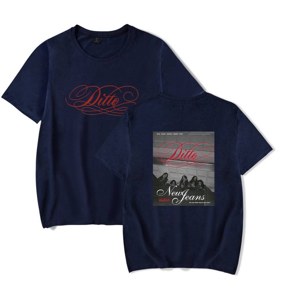 Dito New Jeans merchandise t-shirts with logo and album cover design featuring a group photo and stylish text. Perfect for fans of the Korean girl group.