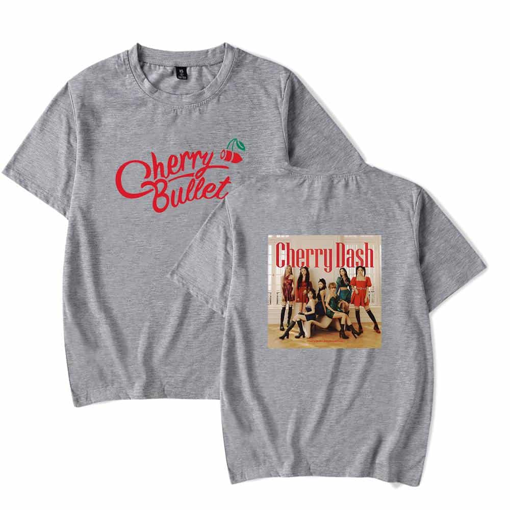 Cherry Bullet graphic t-shirt with Cherry Dash album cover, casual grey unisex tee, trendy K-pop merchandise, youth fashion, fan apparel, girl group fanwear, stylish streetwear.