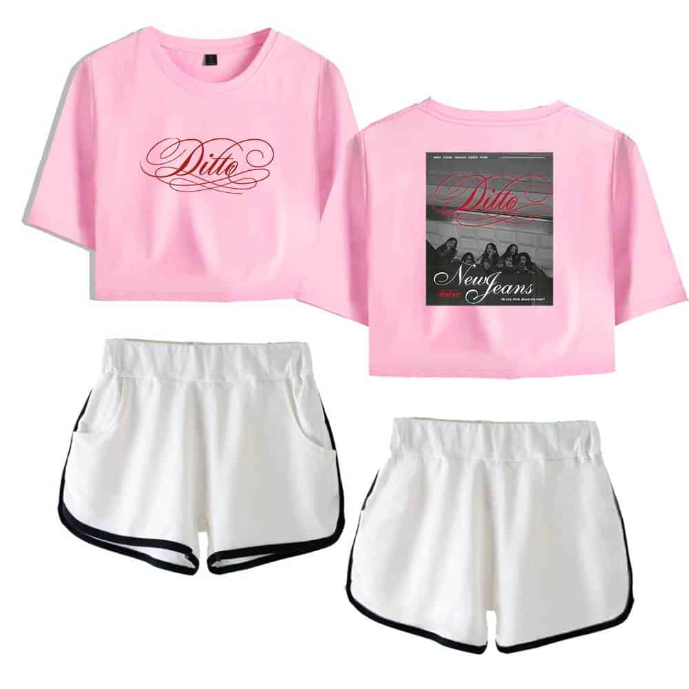 Ditto pink cropped T-shirt with graphic back print and white shorts with black trim for women.