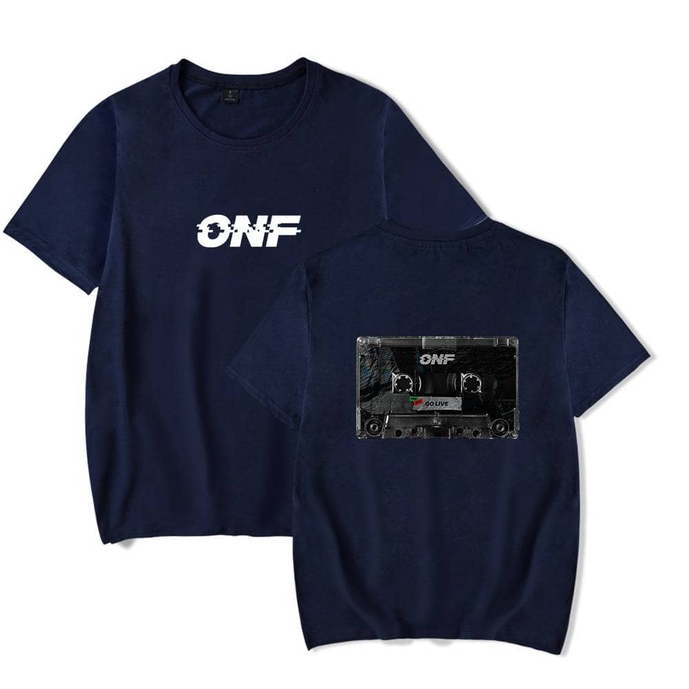 Onf navy blue t-shirt with logo front and cassette tape back design.