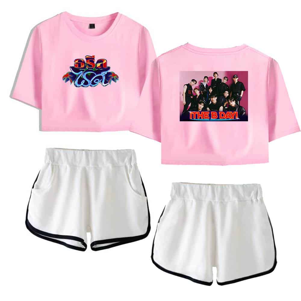 6. Bright pink cropped T-shirts featuring BTS-themed graphics, paired with white athletic shorts with black trim, perfect for fans or casual wear.