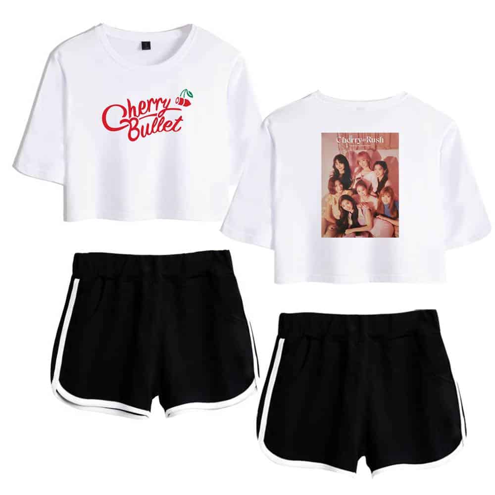 Cherry Bullet graphic crop top and band shorts set, featuring a stylish white T-shirt with Cherry Bullet logo and a fun photo print, paired with sporty black shorts with white side stripes. Perfect for casual wear or concerts.