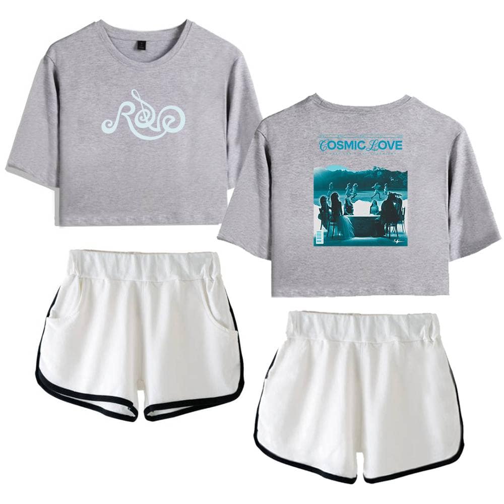 Relaxed fit gray cropped sweatshirt with a white treble clef graphic, paired with white athletic shorts with black trim, perfect for casual wear or sporty looks.