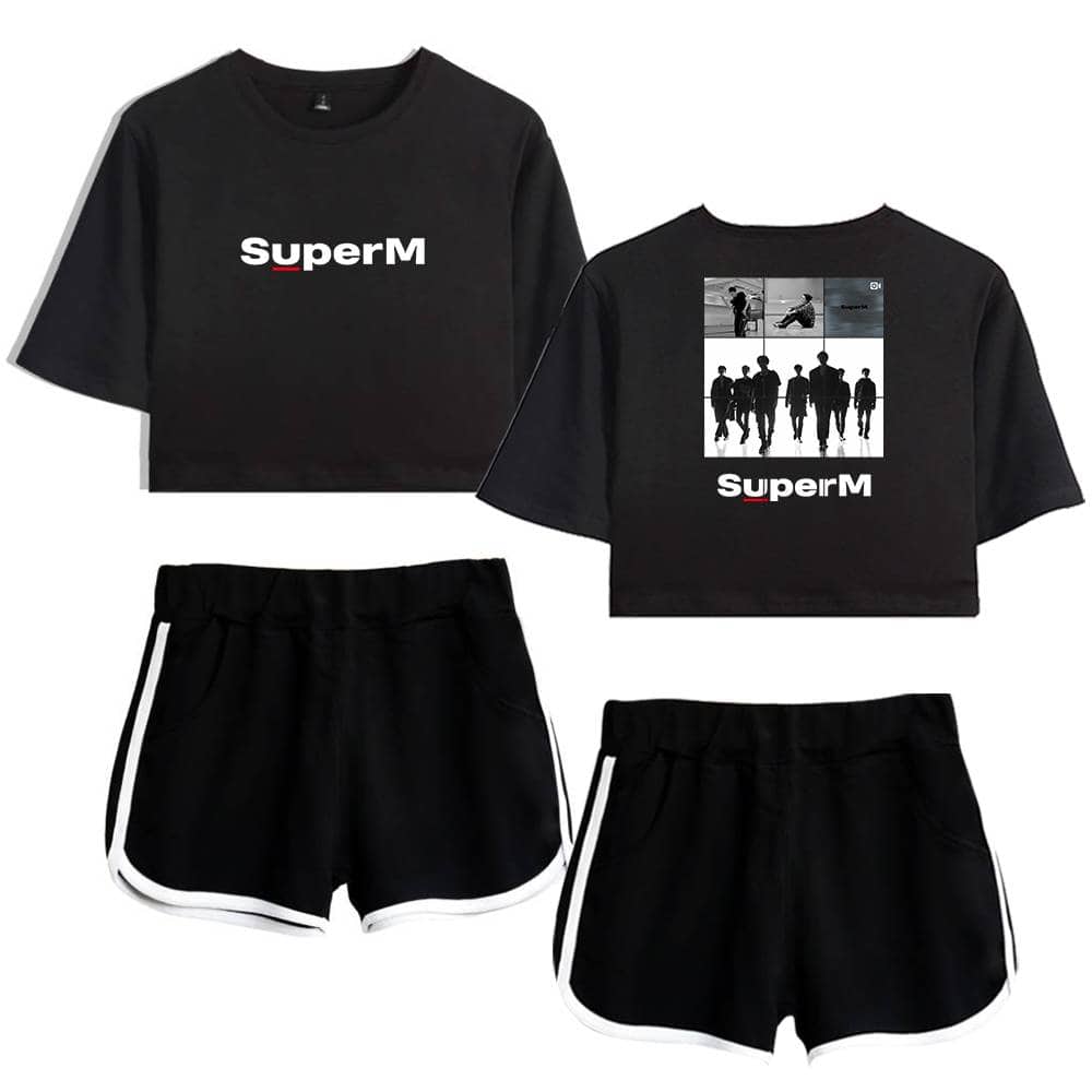 Black cropped t-shirt with "SuperM" logo and group photo graphic on the back, paired with black athletic shorts with white trim. Perfect for casual wear or sports.