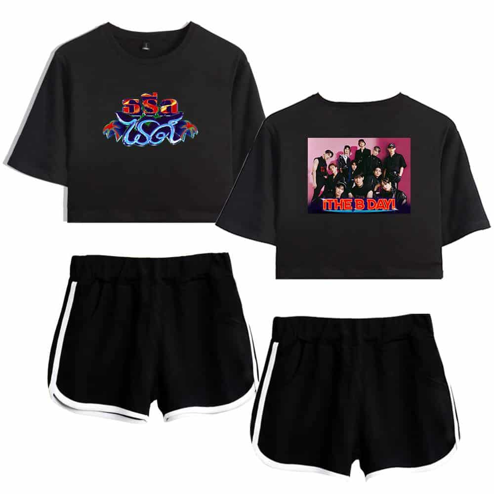 SSa graphic crop top and group photo print crop top paired with black athletic shorts with white side stripes, perfect for casual or activewear outfits.