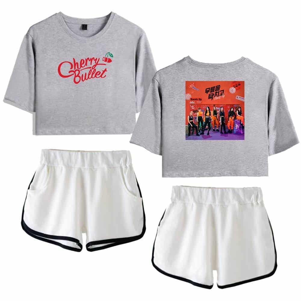 Cherry Bullet merchandise, including crop tops and shorts, featuring the group's logo and vibrant album artwork, perfect for fans to showcase their support and style.