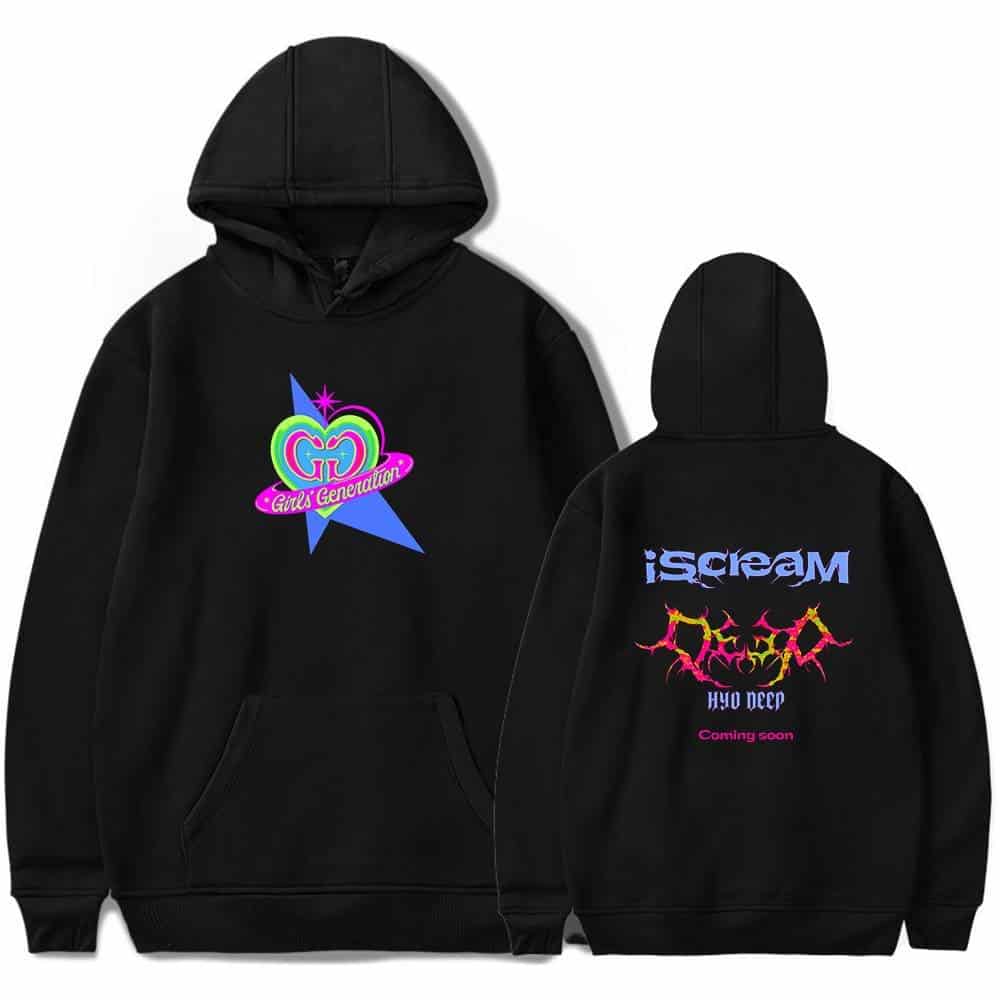 GD Girls Generation hoodie with colorful neon-style graphics on the front and back, featuring the words "iScream" and "Coming Soon," perfect for fans of K-pop and streetwear fashion.