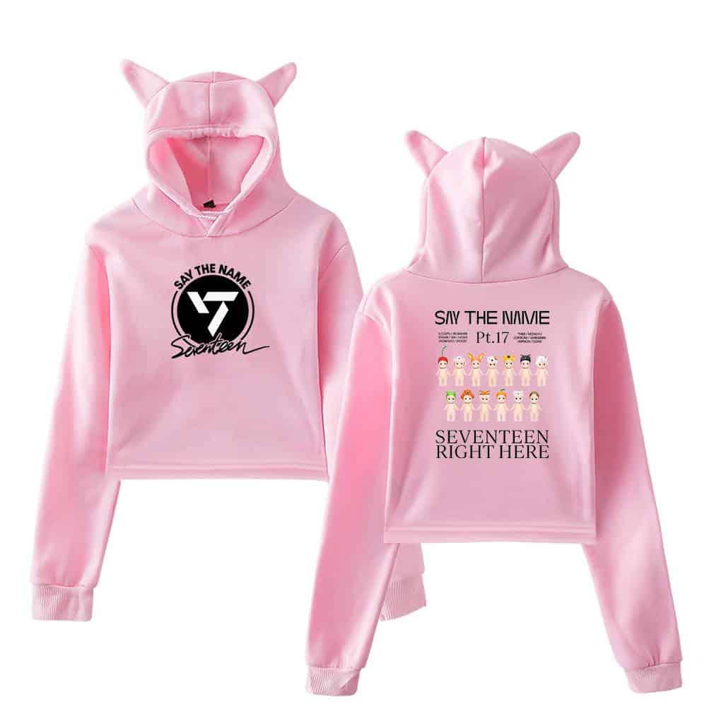 Say the Name Seventeen hoodie with cute animal designs and playful text, perfect for fans wanting stylish, fandom-inspired merchandise. Soft pink fabric and fun details make it ideal for casual wear.