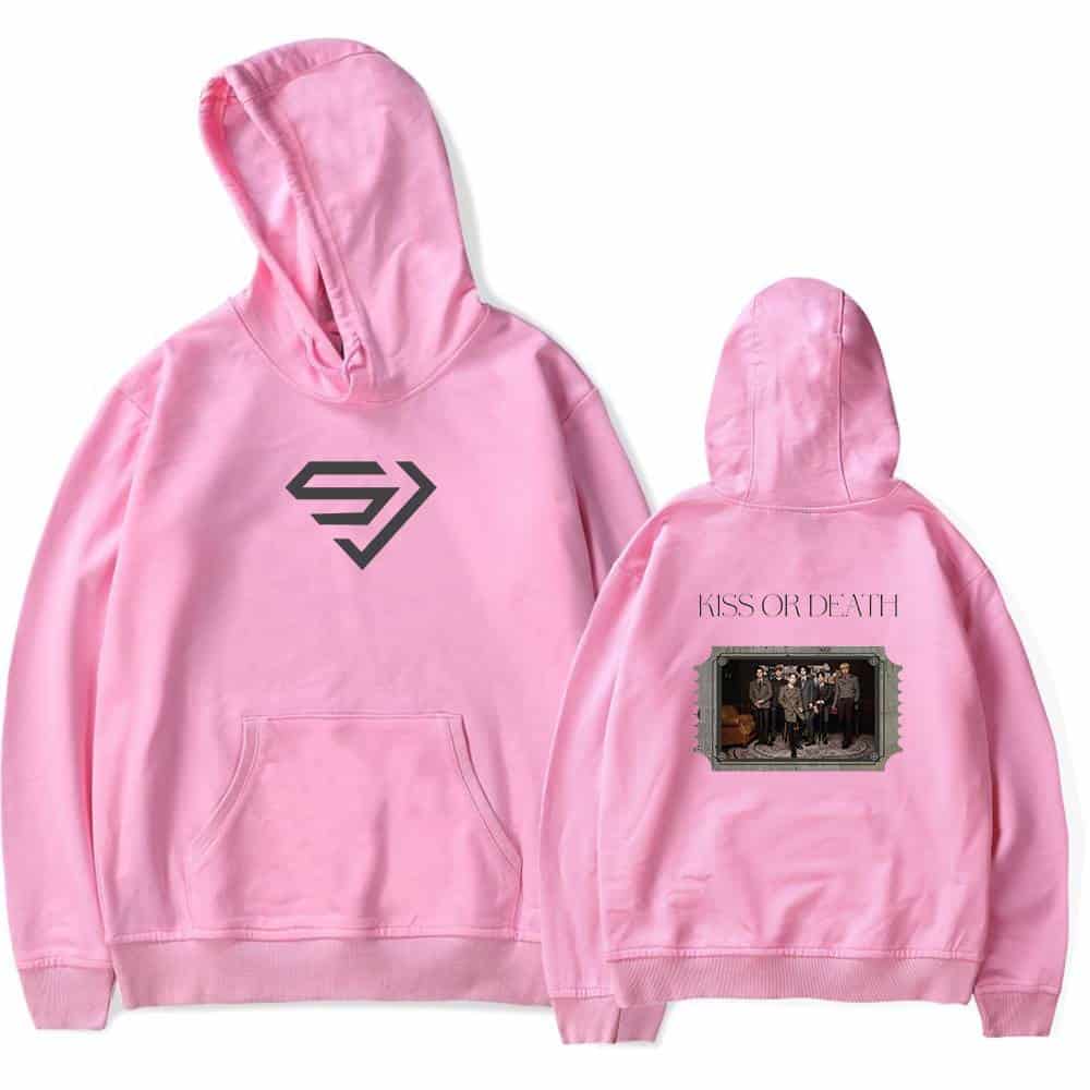 Superman logo in black on front of pink hoodie.