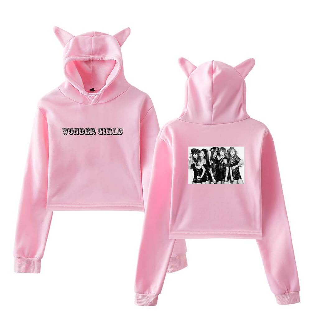 Wonder girls pink hoodie with cat ears, front text, and back photo graphic, casual streetwear merchandise for fans of K-pop music, trendy and comfortable apparel for women and teens.