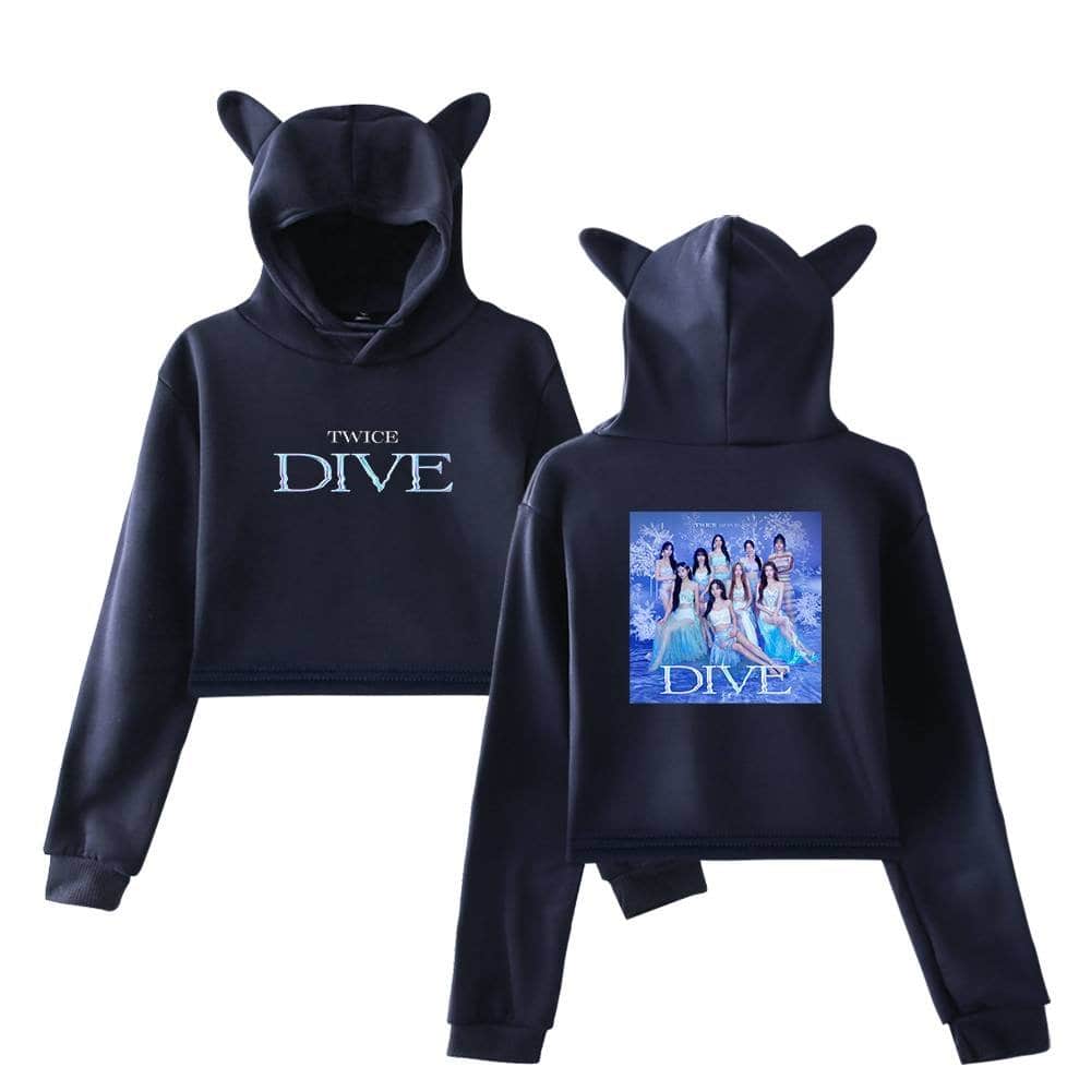 Twice dive hoodie with animal ear hood design, front and back view, black color with group image and logo, perfect for K-pop fans and merchandise collections.