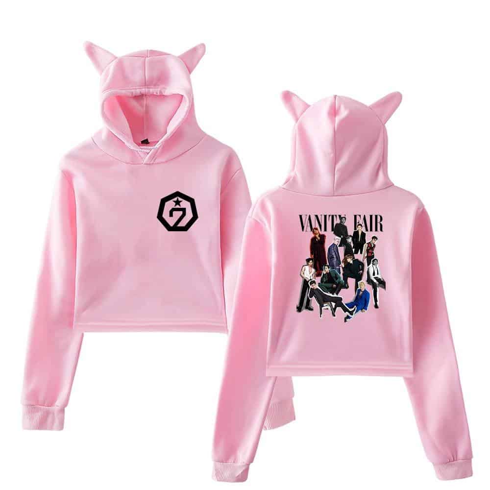 Gossip Girl pink hoodie and sweatpants set with cat ear hood, featuring a Vanitas Pair graphic and logo, perfect for fans of the series and streetwear enthusiasts.