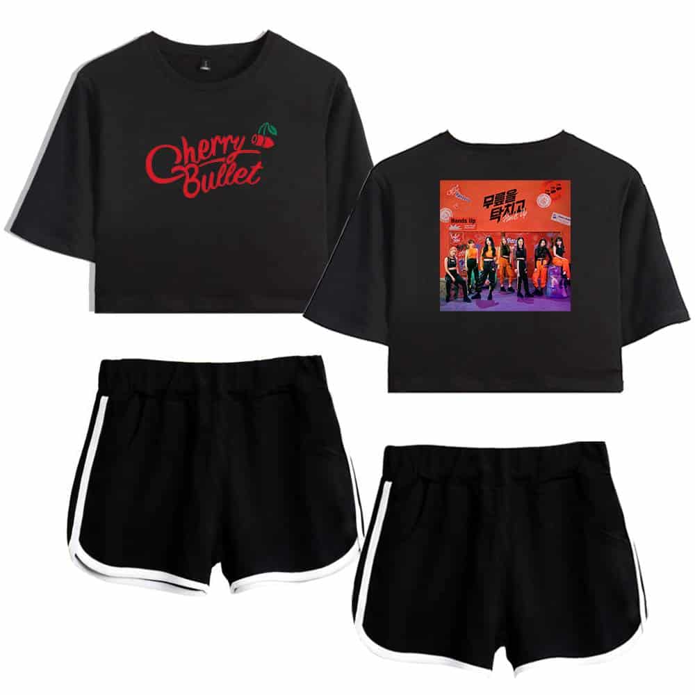 Cherry Bullet black crop top and shorts set featuring the group's logo and a vibrant member photo, perfect for fans to showcase their support and trendy casual style.