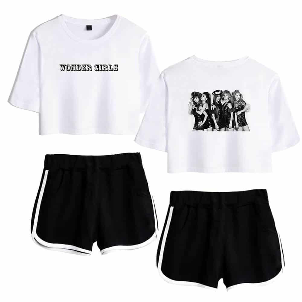 Wonder Girls cropped t-shirts with black shorts, casual and trendy merchandise for fans.
