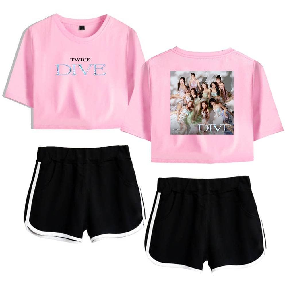 TWICE DIVE pink graphic crop top with black athletic shorts, perfect for casual wear or fan gatherings.