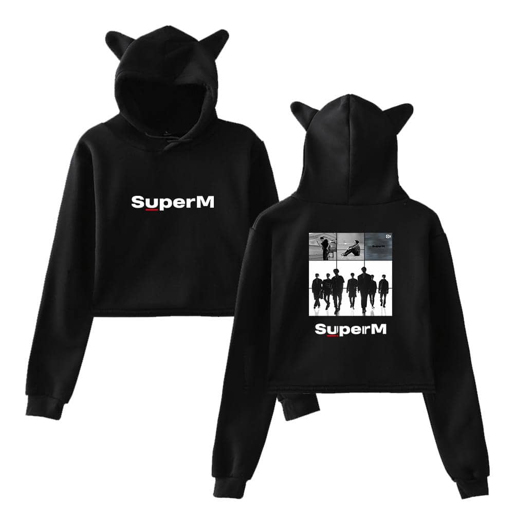 Stylish black hoodie featuring a playful cat-eared hood design and bold "SuperM" logo on the front, perfect for fans of K-pop and streetwear fashion.