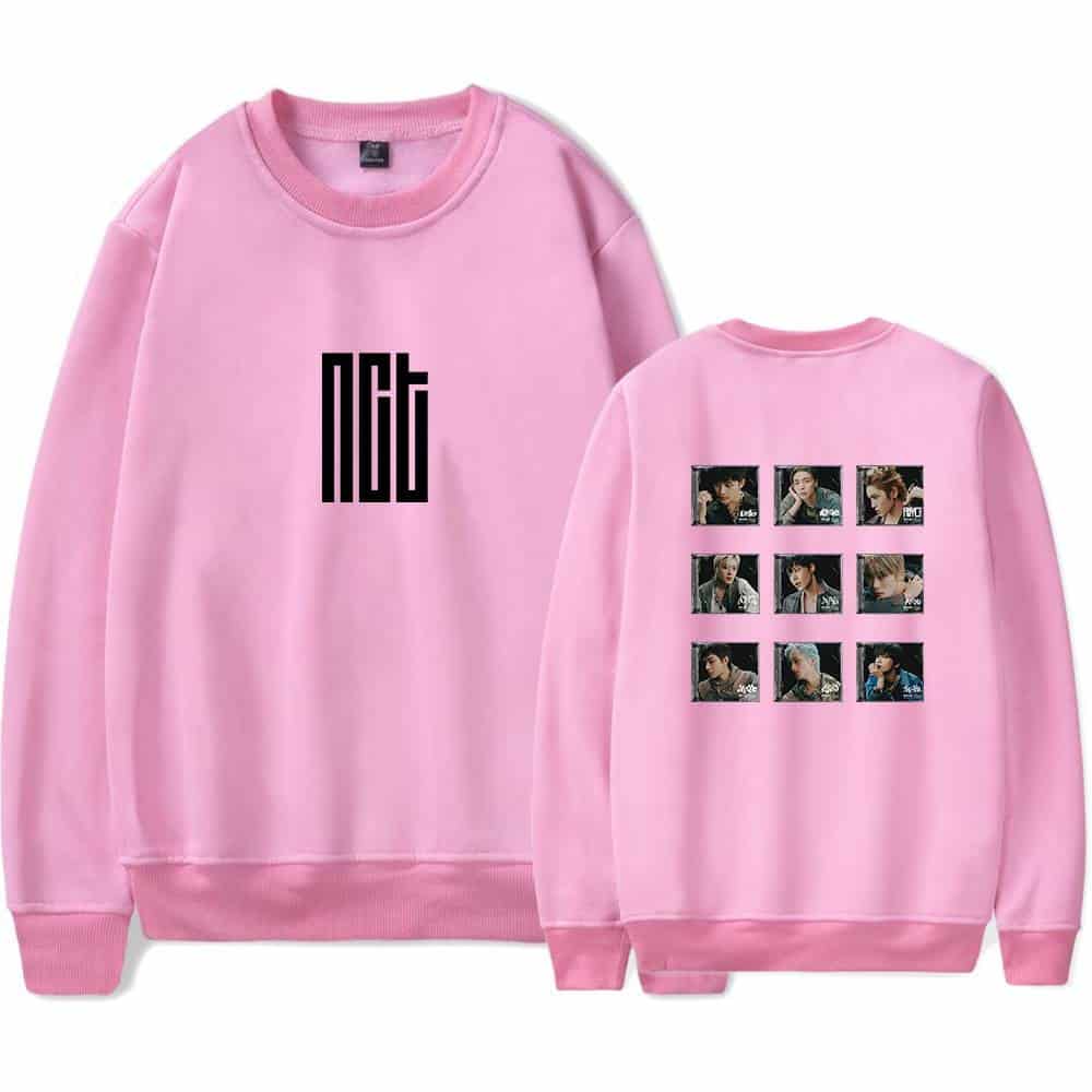 Nct pink sweatshirt with black logo and member photos on the back, casual and trendy music merchandise item.
