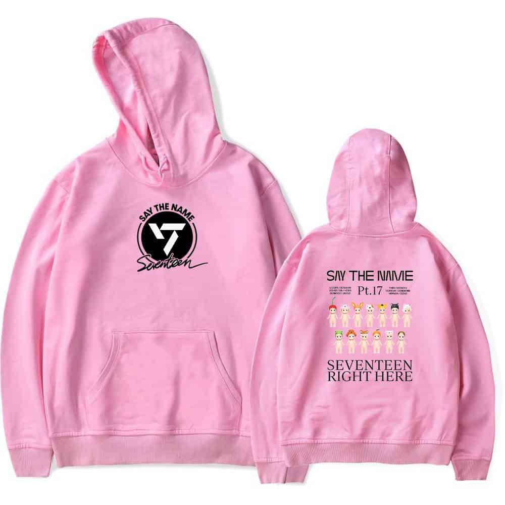 Seventeen hoodie merchandise with cartoon characters and signature printing pink hoodie for fans alt text.