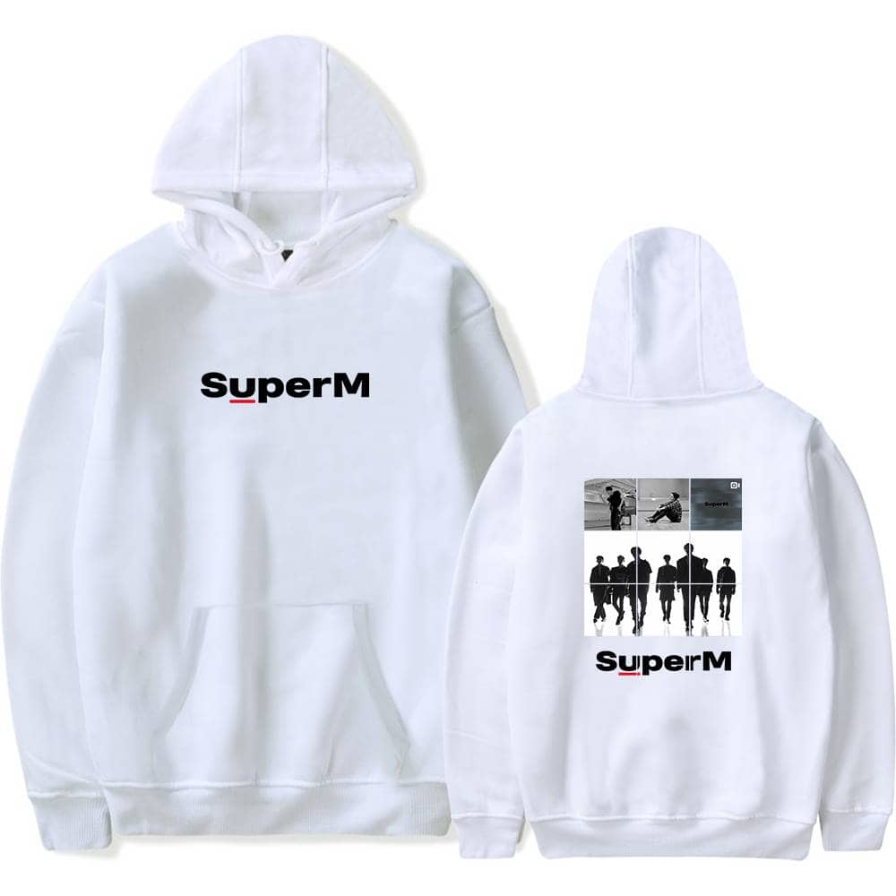 SuperM white hoodie with logo and group photo print on the back, featuring a stylish and comfortable design for fans of the K-pop group. Perfect for casual wear and concerts.