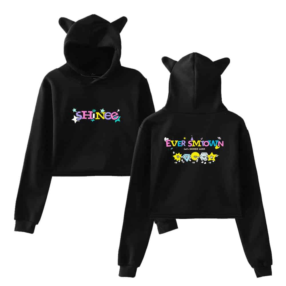 SHINee themed black hoodies with colorful text and cute character designs, featuring playful fonts and star accents, perfect for fans of the K-pop group.