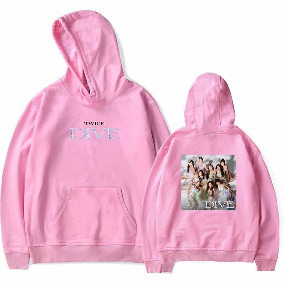 Twice dive pink hoodie with front text and back album cover print, casual K-pop merchandise, cozy sweatshirt for fans.