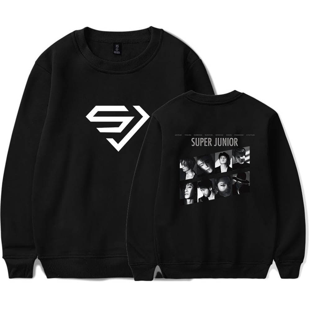Logo graphic sweatshirt featuring a stylized "S" and "J" on the front and black-and-white photos of Super Junior members on the back. Perfect for K-pop fans and casual wear.