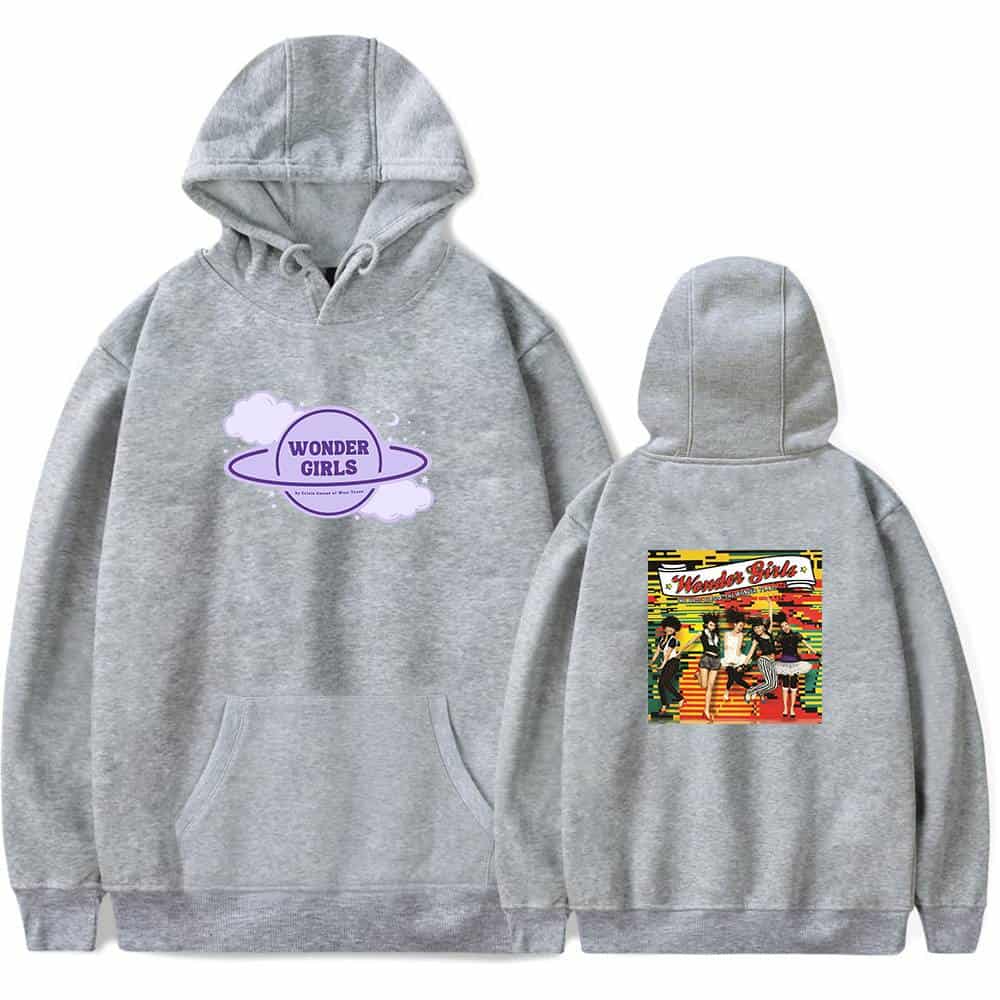 Wonder Girls graphic hoodie with front space-themed logo and colorful back print, perfect for fans and casual wear. Grey pullover featuring the popular K-pop group's design on both sides.