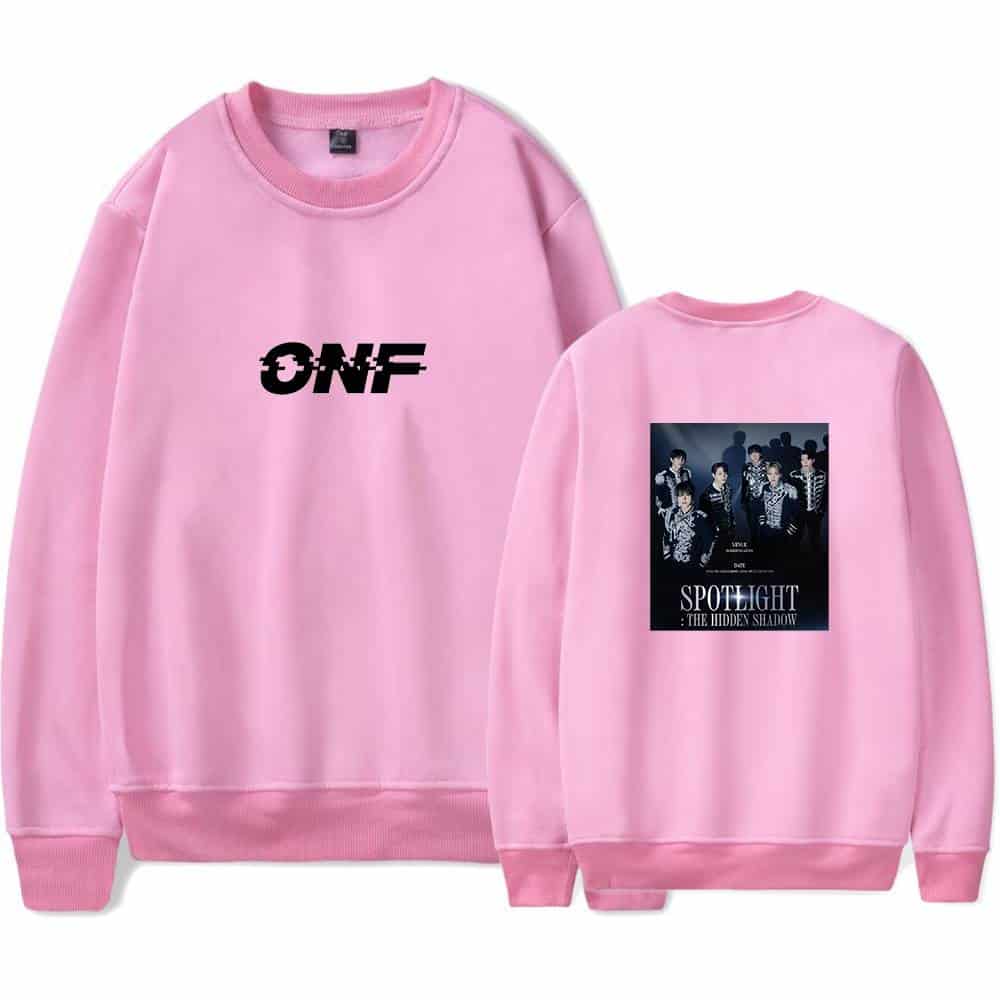 ONF pink sweatshirt with bold logo and a group photo on the back, featuring stylish design and casual wear appeal, perfect for fans of the group or trendy streetwear enthusiasts.