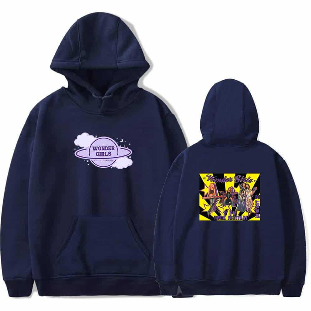 Wonder Girls hoodie with front logo and back graphic featuring the girl group performing on stage, vibrant, trendy, and perfect for fans.