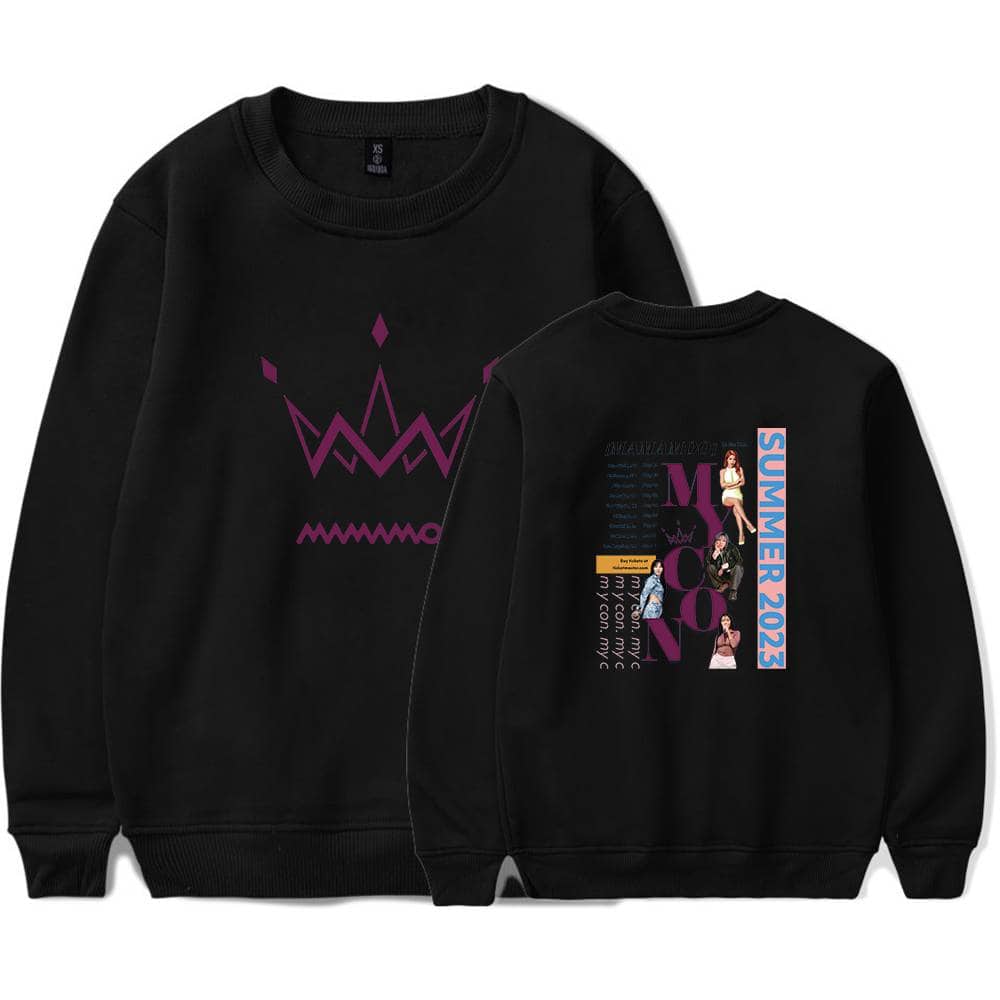 Black sweatshirt featuring a minimalist purple crown design on the front and a colorful graphic print on the back, showcasing a summer 2023 theme with fashionable elements.