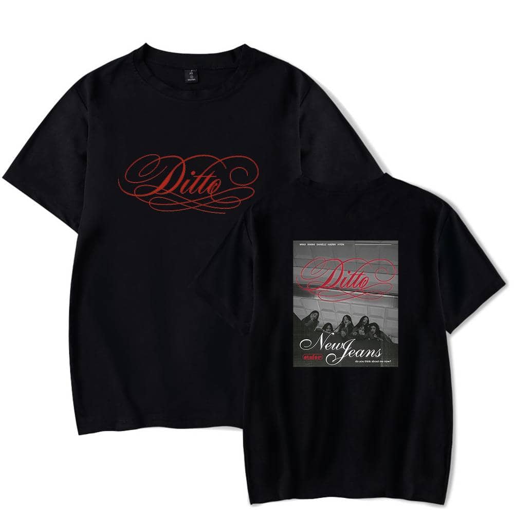 Ditto black graphic t-shirt with red logo and group photo design on the back, stylish and trendy merch item.