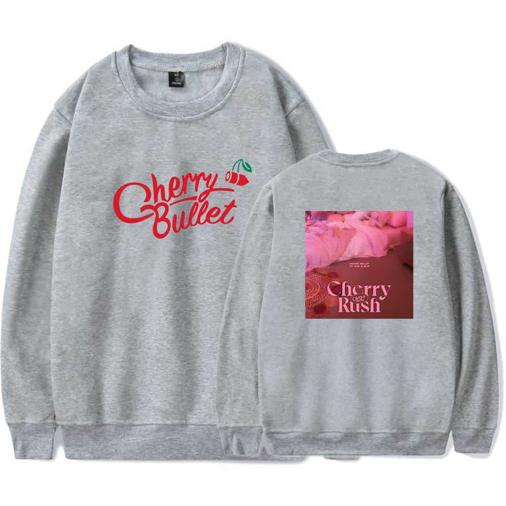 Cherry Bullet merchandise sweatshirt featuring their logo on the front and album artwork on the back, perfect for fans.