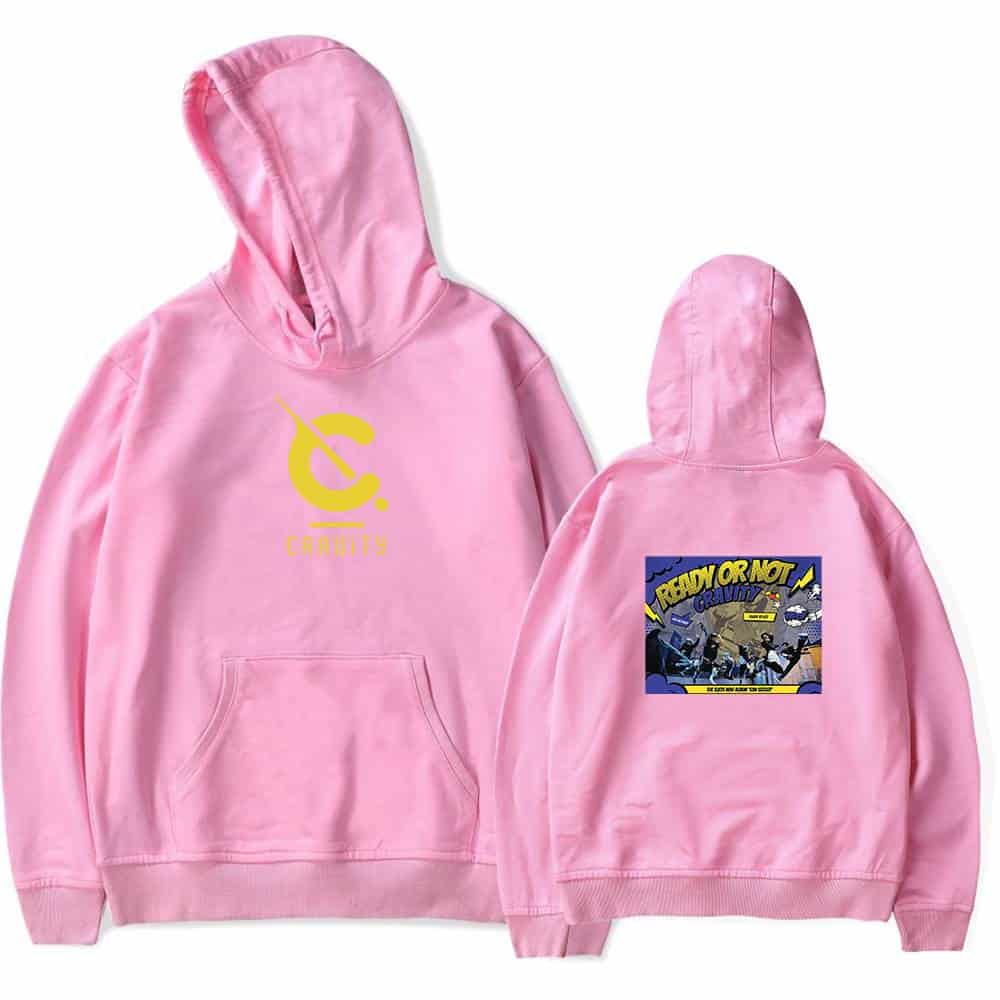 Pink hoodie featuring a yellow golf logo on the front and a "Ready or Not" graphic on the back. Stylish casual wear perfect for sports fans and streetwear enthusiasts. Made of soft, comfortable fabric with a front pocket.