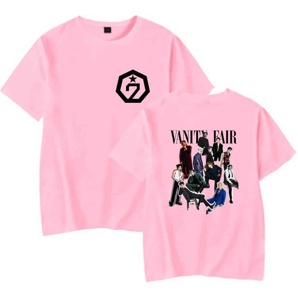 Pink Vanity Fair group photo graphic t-shirt with black logo and band members illustration on the back.