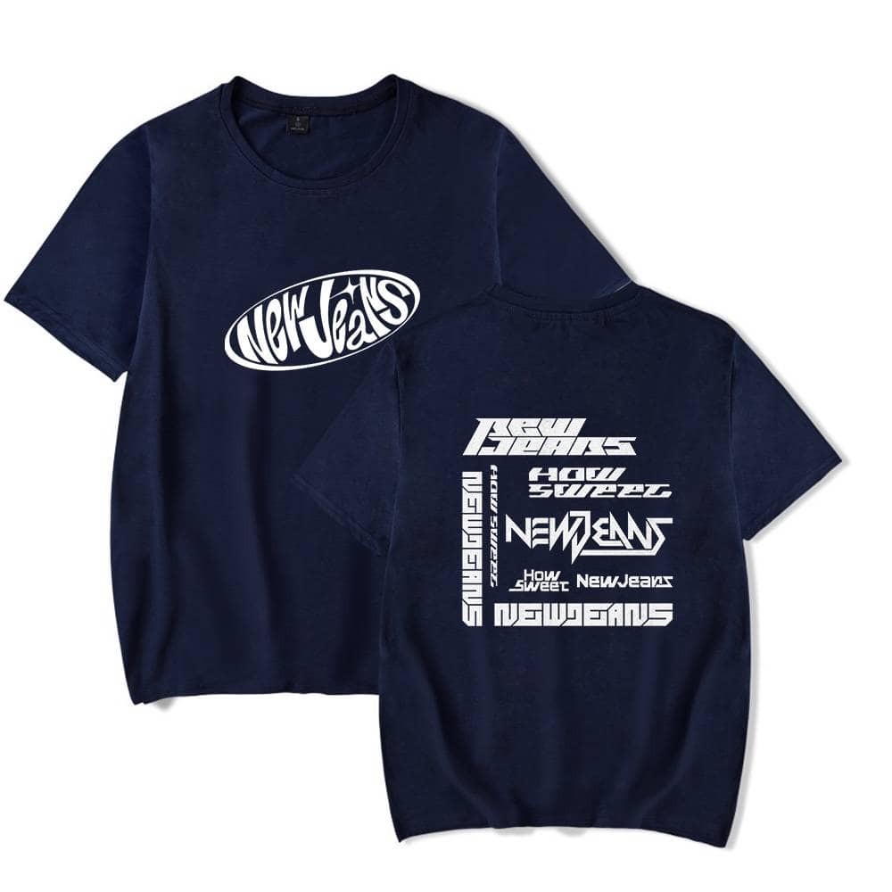New Jeans graphic t-shirt with stylish logo designs on navy fabric. Perfect trendy merch for K-pop fans and fashion enthusiasts. Casual, comfortable, and eye-catching apparel.