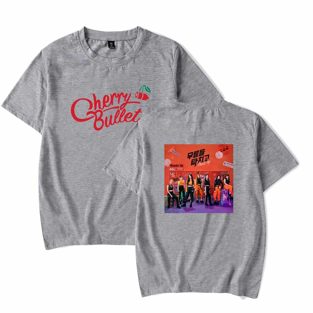 Cherry Bullet graphic t-shirt in gray with musical band image and logo.