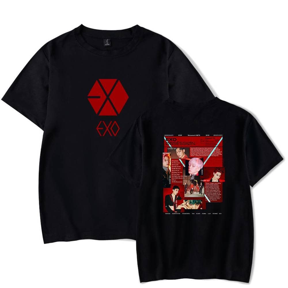 EXO black graphic t-shirt with red logo and collage print, perfect for K-pop fans and merchandise collectors.