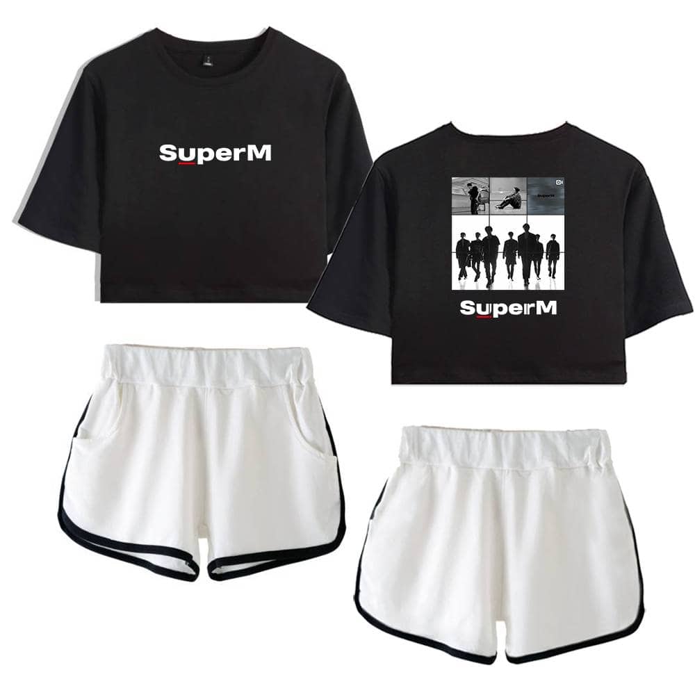 SuperM black crop top with graphic back print and white athletic shorts with black trim, casual modern merchandise for fans, stylish sporty apparel for concerts or everyday wear, trending music group merchandise, unisex青春pop band tour gear.