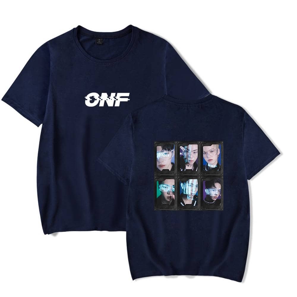 ONF merchandise t-shirt featuring the group's logo on the front and a graphic of members on the back. Perfect for fans and casual wear. Made of comfortable material with stylish design.