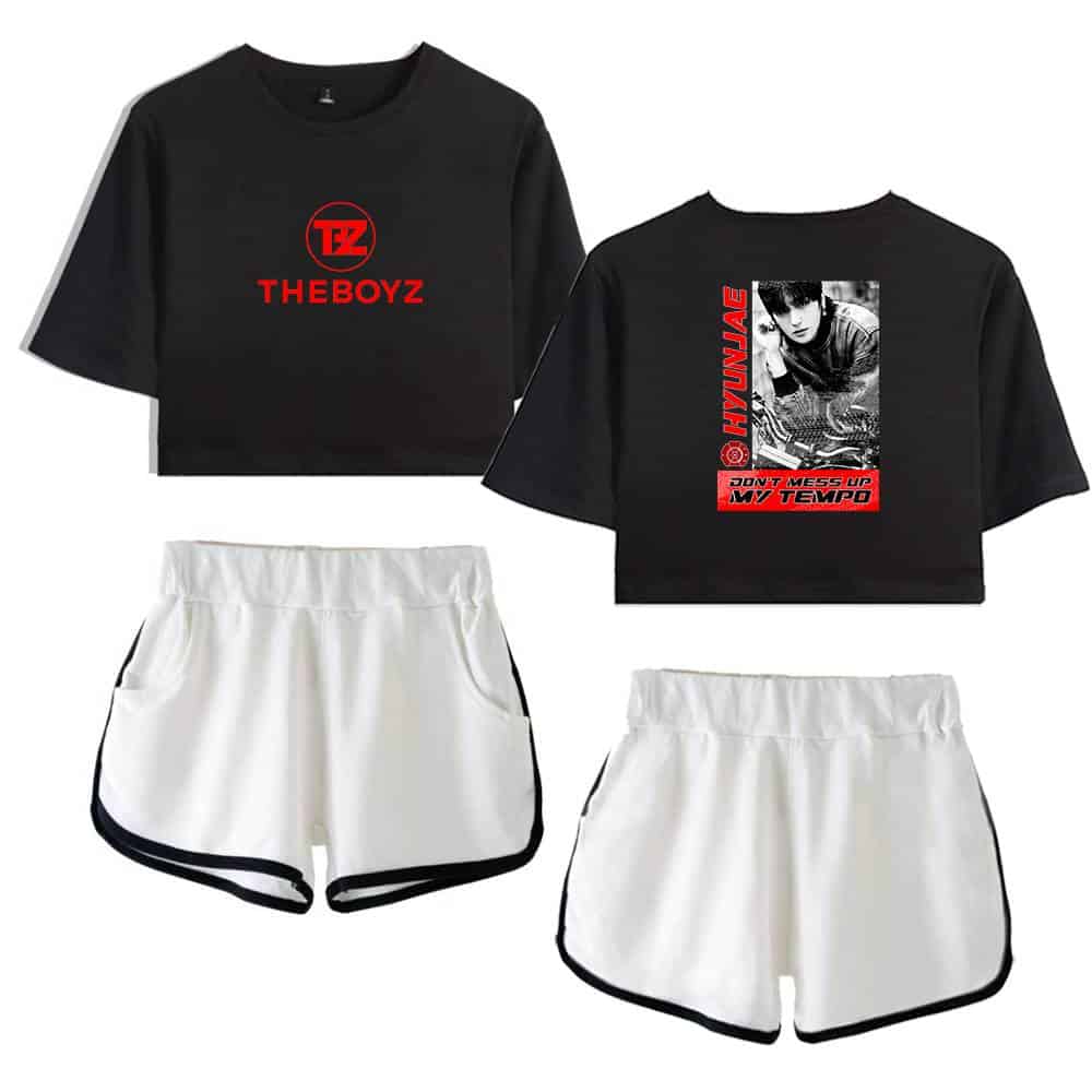 TZ THEBOYZ graphic crop top and shorts set, featuring bold designs and streetwear style, perfect for fans and casual wear.