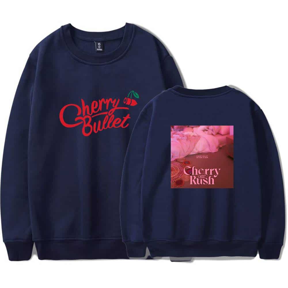 Cherry Bullet merchandise sweatshirt with front and back designs, featuring the group's logo and album art, perfect for fans.