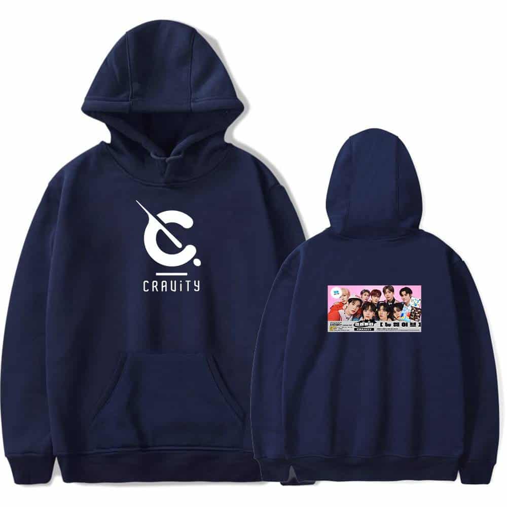 CRAAVITY hoodie with logo on front and group image on back, perfect for K-pop fans, casual wear, and concerts, showcasing support for the popular boy band.