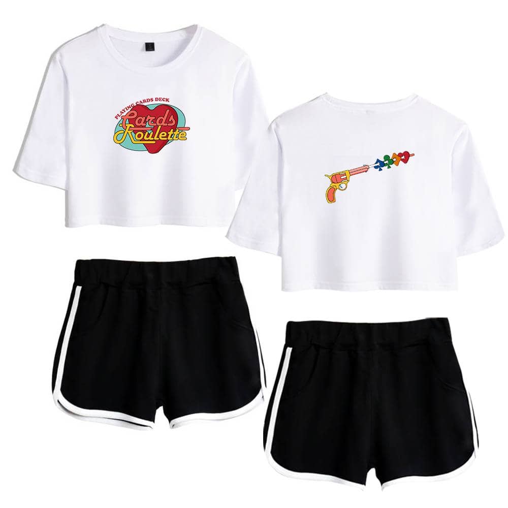 Playing Cards Deck T-shirt and graphic shorts set with playful designs, featuring a "Cards Roulette" logo and a colorful gun shooting hearts and clubs, casual and stylish for everyday wear.