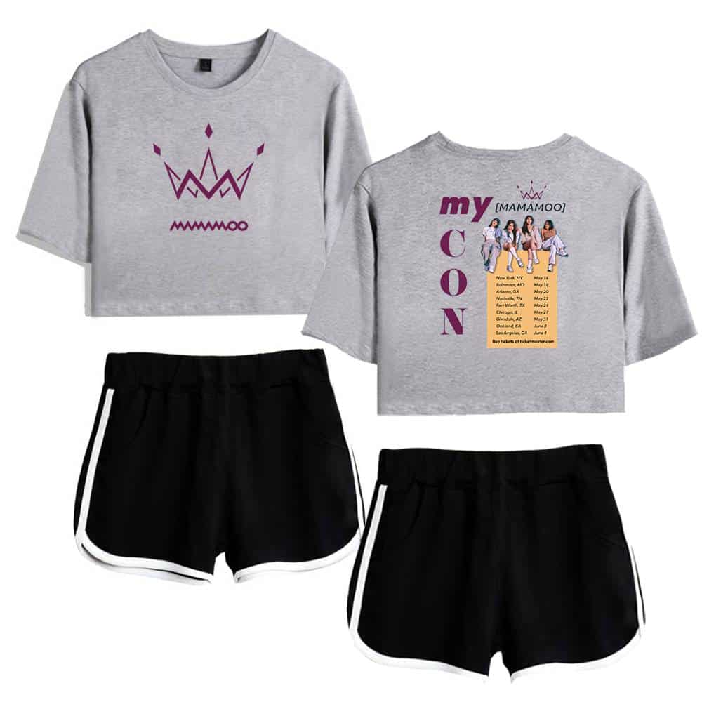 Comfy gray crop top with crown graphic and "mamamoo" text, casual black shorts with white side stripes, stylish and comfortable merch for fans.