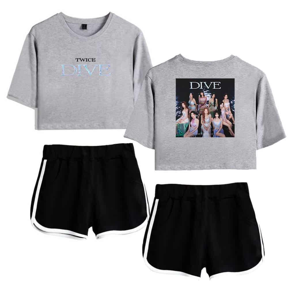 DIVE K-pop merchandise, including grey crop tops featuring group members and logo designs paired with black athletic shorts with white side stripes. Perfect for fans of TWICE DIVE.