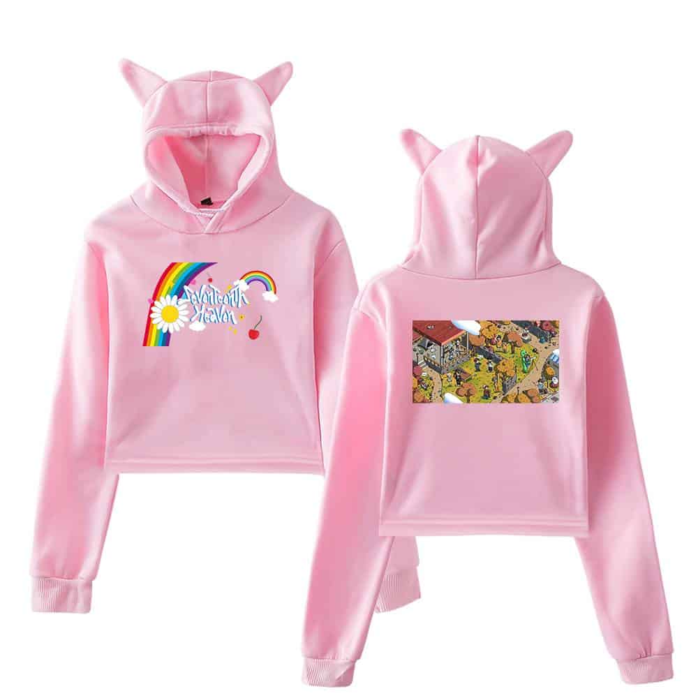 Rainbow unicorn hoodie featuring a colorful design with rainbows, daisies, and playful motifs on a soft pink background.