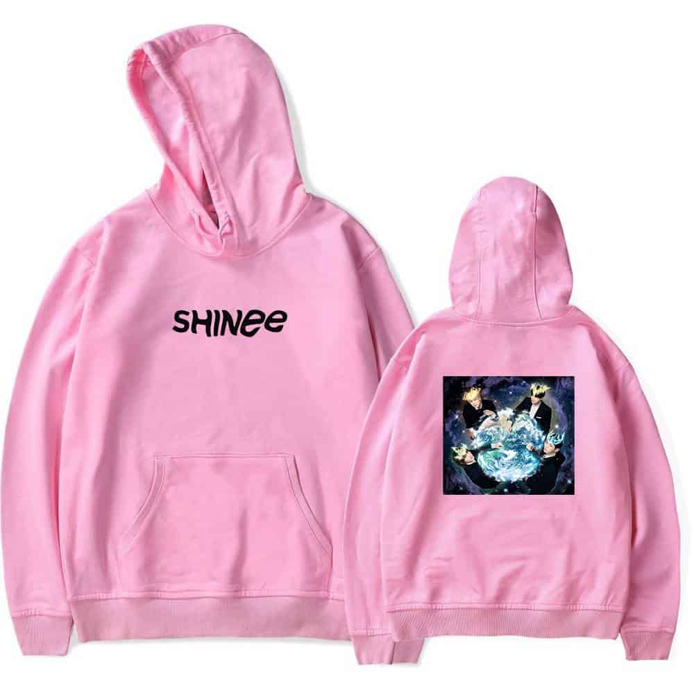 Shinee pink hoodie with black text on front and graphic print of the band members on the back.