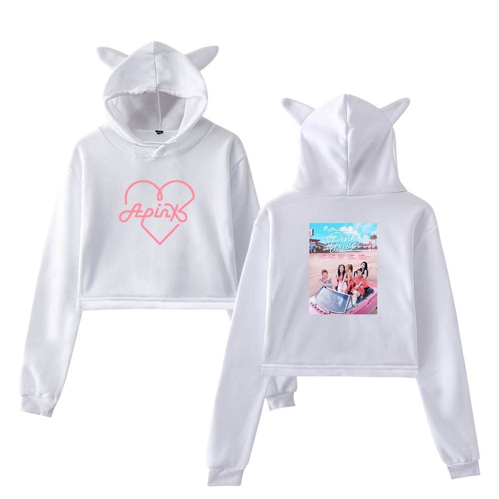 Apink white hoodie with ears, front and back view, featuring cute graphic and photo print, perfect for fans of the girl group, comfortable and stylish apparel, ideal for casual wear or concerts, fan merchandise.